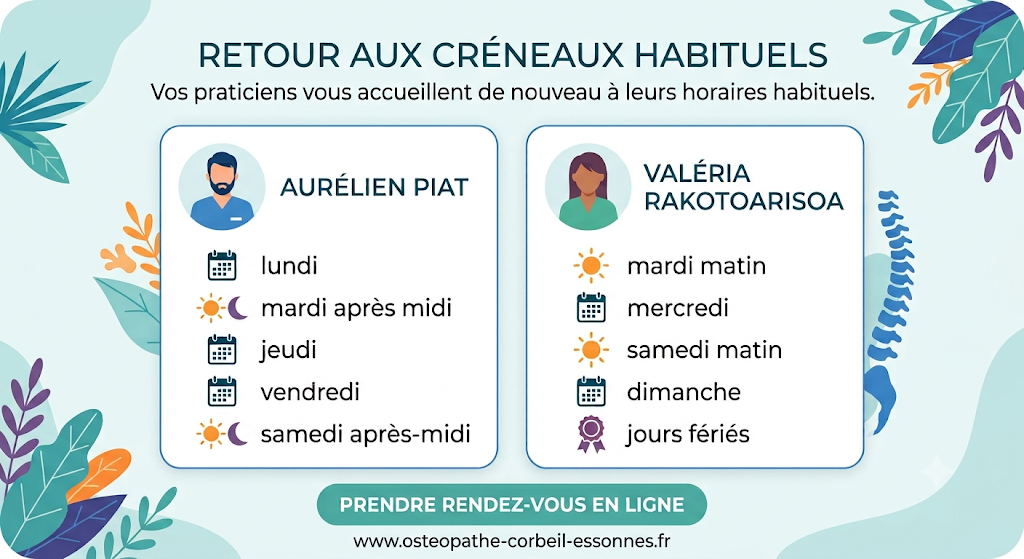 Horaires et planning du cabinet d'ostéopathie de Corbeil-Essonnes